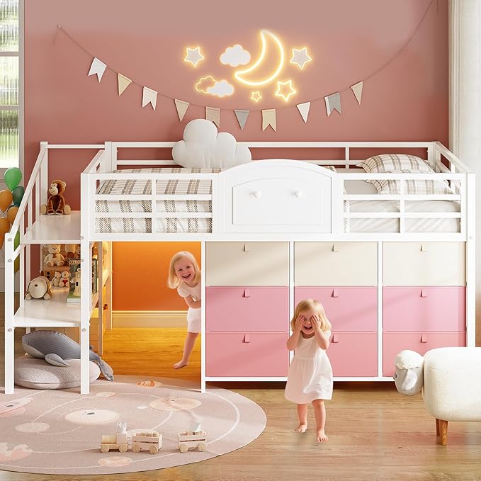 VIAGDO Low Loft Bed Full Size with 9 Storage Drawers and LED Lights, Metal Full Size Loft Bed with Stairway Shelf Storage, Low Loft Bed with Safety Guardrail and Under-Bed Hideaway for Kids, White