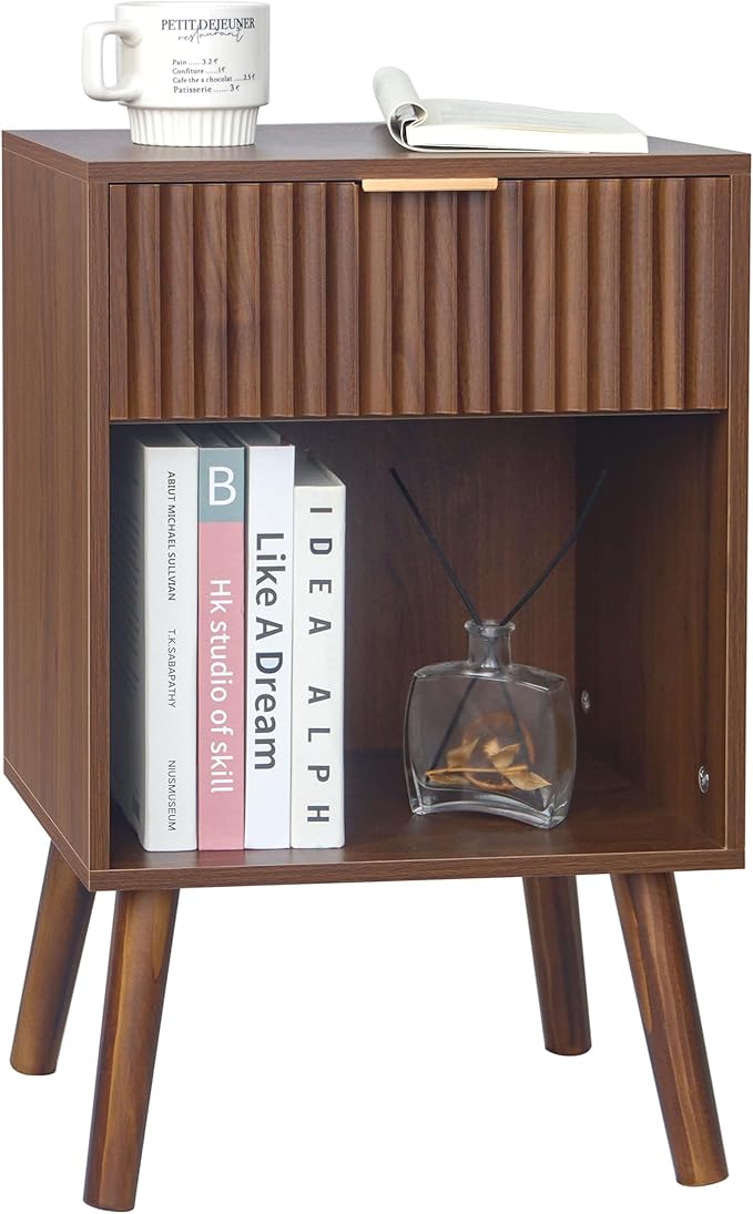 Fultyle Walnut Nightstand, Modern Night Stand with Fluted Drawer and Opening Storage, Wooden Bedside Table with Solid Wood Legs for Bedroom, Living Room, Office (Walnut Brown)