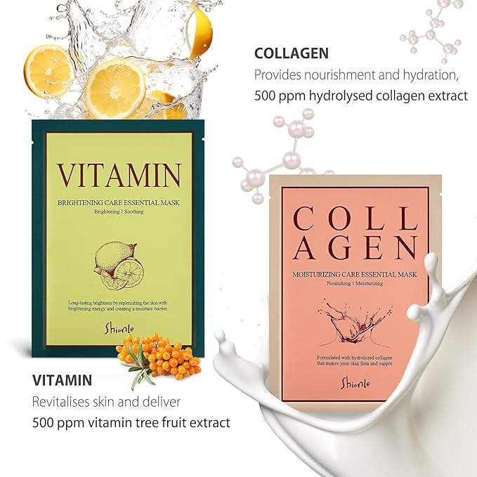 SHIONLE New Essential Sheet Mask 12 Packs | Made in Korea Face Mask | Premium Essence Facial Mask for Daily Skincare | Home Spa Self-care Treatment Hydrating Soothing For All Skin Types (6Type x 2ea)
