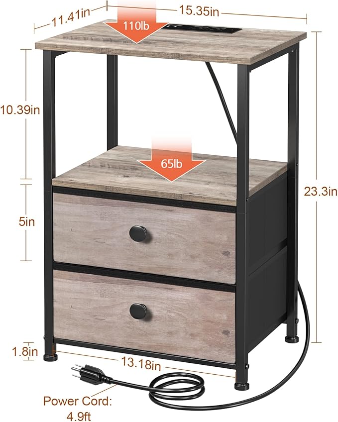 LOAKEKEL Night Stand Set 2, LED Nightstand with Charging Station, End Tables with Storage Shelf, Bedside Table with 2 Fabric Drawers for Bedroom, Small Spaces, Grey HETS02PGY