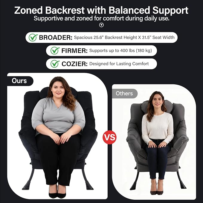 Lazy Chair with Ottoman, Modern Accent Chair with Lumbar Pillow, Velvet Black Sofa, Armchairs with Folding Footrest, Oversized Supportive Chairs for Bedroom, Reading