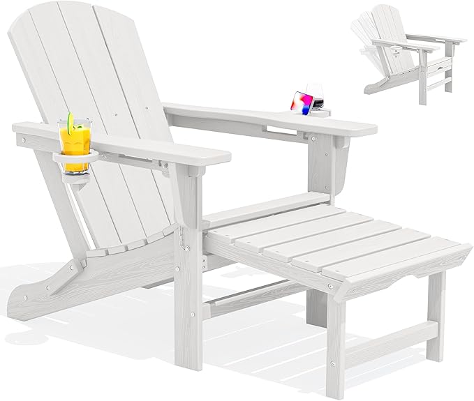SERWALL Folding Adjustable Adirondack Chair with Footrest, HDPE Outdoor Chair with Dual Cup Holders, All Weather Adirondack Chair with Ottoman, White