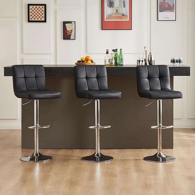 DUMOS Bar Stools Set of 4, 24 inch Counter Height Bar Stools, Upholstered Modern Kitchen Barstools with Metal Base, PU Leather Saddle Stools for Kitchen Island, Inky Black