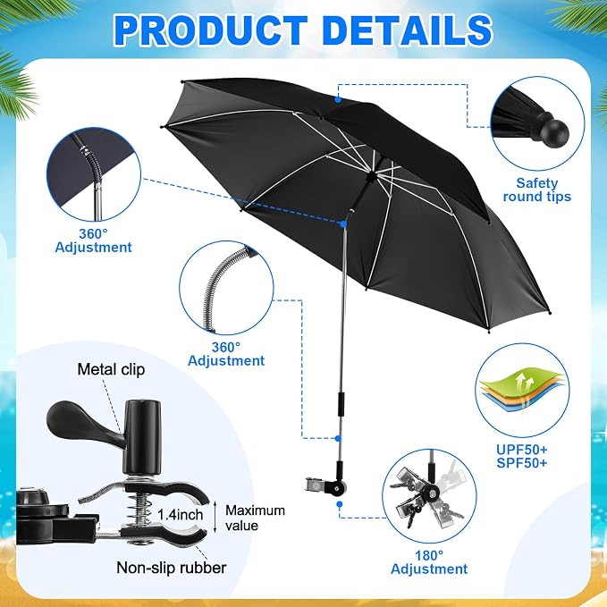 Yuntau 2 Set Reclining Beach Chairs with UPF 50+ Umbrellas Shade, Upgraded Heavy Duty Portable Folding Lounge Camping Chair with Canopy Removable Footrest & Headrest for Outdoor Patio(Grey, Black)