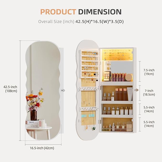 LVSOMT LED Mirror Jewelry Cabinet Wall Mounted, Over the Door Jewelry Organizer with Wave Mirror, Lockable Full Length Mirror with Storage, Jewelry Armoire for Necklaces Earrings, Gift for Women,White