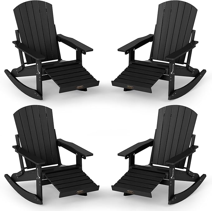 Adjustable Adirondack Rocking Chair Set of 4 with Retractable Ottoman Footrest, 4-in-1 Foldable HDPE Outdoor Rocker, Weather Resistant Adirondack Chair for Porch, Garden & Poolside, Black