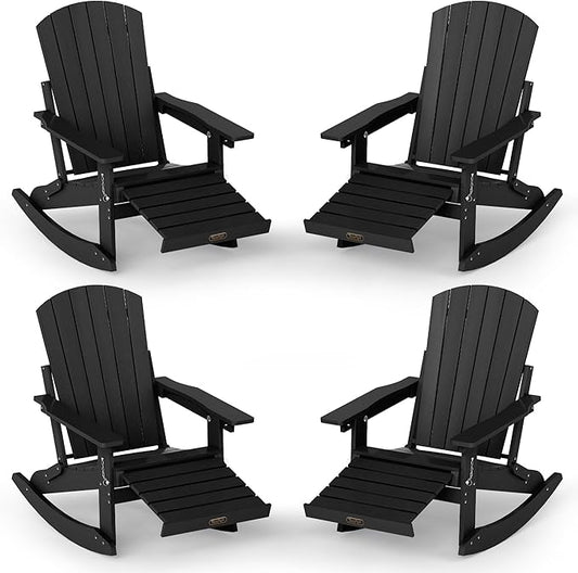 Adjustable Adirondack Rocking Chair Set of 4 with Retractable Ottoman Footrest, 4-in-1 Foldable HDPE Outdoor Rocker, Weather Resistant Adirondack Chair for Porch, Garden & Poolside, Black