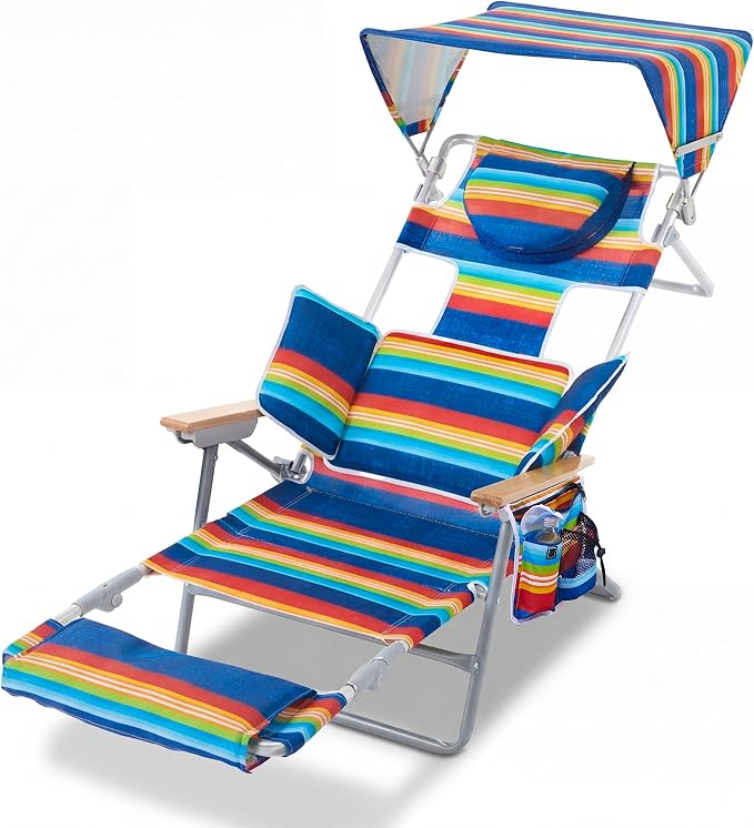 5-Positon Backpack Beach Chair, Portable Folding Tanning Chair, Double Shoulder Straps Beach Lounge Chair with Footrest, Face Hole, Towel Bar (Rainbow, 60.6" with Canopy)