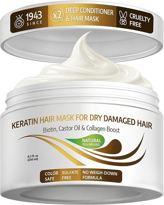 VITAMINS ヘアコスメティックス ケラチンヘアマスク - プロテインリペアケラチントリートメント - ビオチン、コラーゲン、ヒマシ油配合で乾燥、ダメージ、くせ毛、ストレート、縮れ毛に対応するディープコンディショナー - 250ml