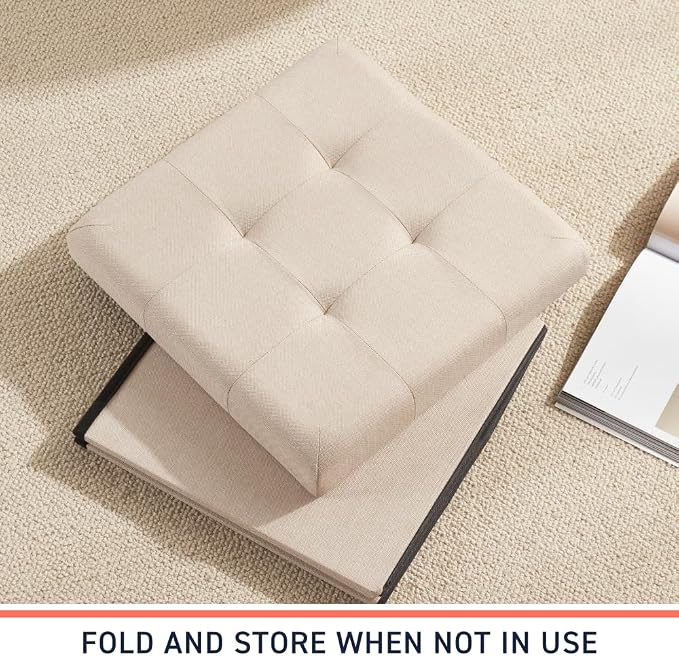 Ornavo Home Folding Storage Ottoman, 15 Inch Storage Cube with Lid, Foot Rest Stool for Bedroom, Living Room, Entryway, Tufted Linen Upholstered - Beige