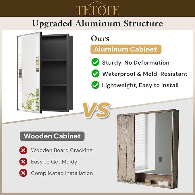 TETOTE Medicine Cabinet Mirror 16" x 24" Black Aluminum Frame Medicine Cabinet with Beveled Mirror, Stepless Adjustable Shelves, Bathroom Mirror with Storage, Wall-Mounted or Recessed