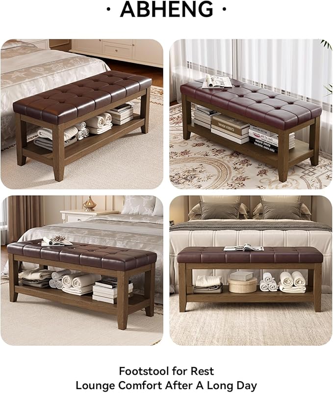 ABHENG Solid Rubber Wood Shoe Bench, Easy-Clean PU Upholstered Seat, 770LB Load, Space-Saving Storage for Entryway/Living Room, Easy Assembly, Vintage Style, 43.3"x15.7"x17.7", Brown, UASND65R