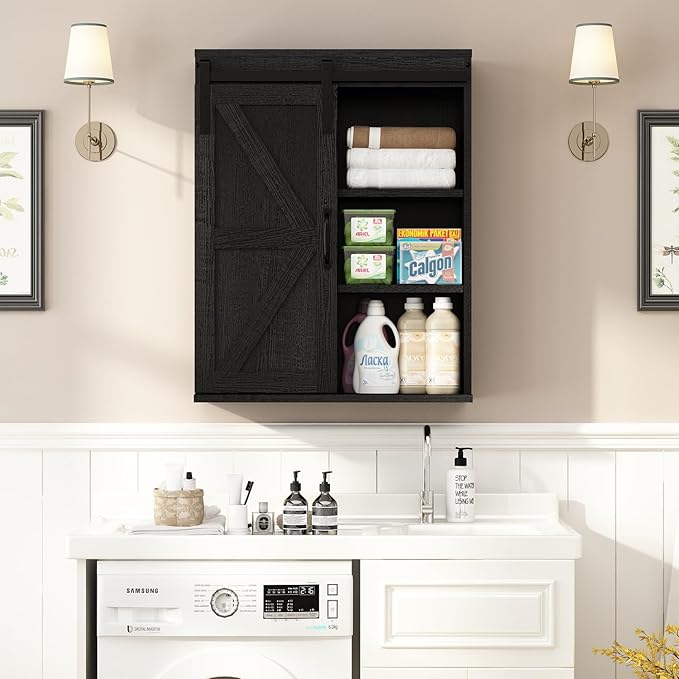 RUSTOWN Farmhouse Wood Wall Storage Bathroom Cabinet with Sliding Barn Door, Rustic Medicine Cabinet with Adjustable Shelf, 3-Tier Vintage Cabinets for Kitchen, Bathroom, Living Room (Black)