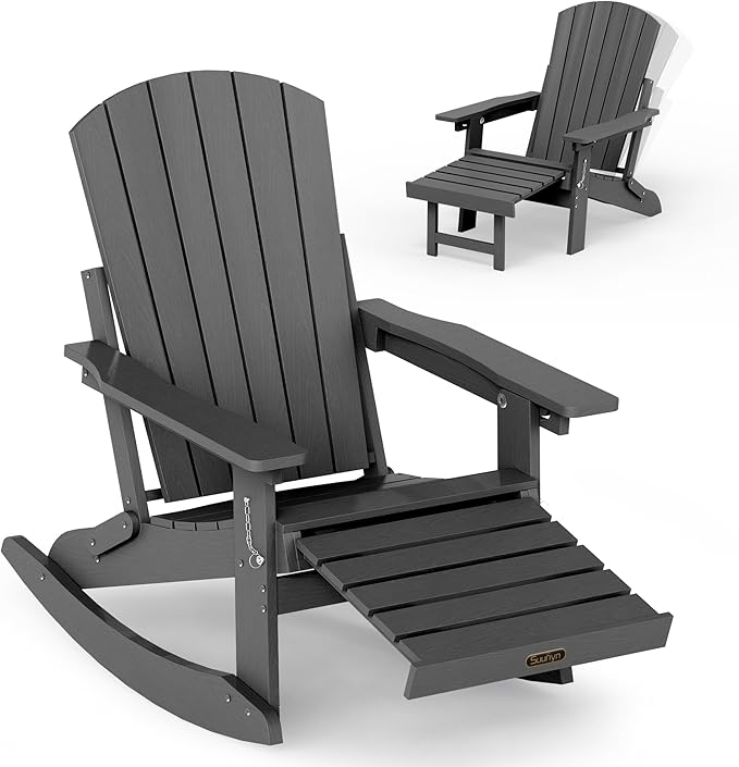 Adjustable Adirondack Rocking Chair with Retractable Ottoman Footrest, 4-in-1 Foldable HDPE Outdoor Rocker, Weather Resistant Adirondack Chair for Porch, Garden & Poolside, Grey