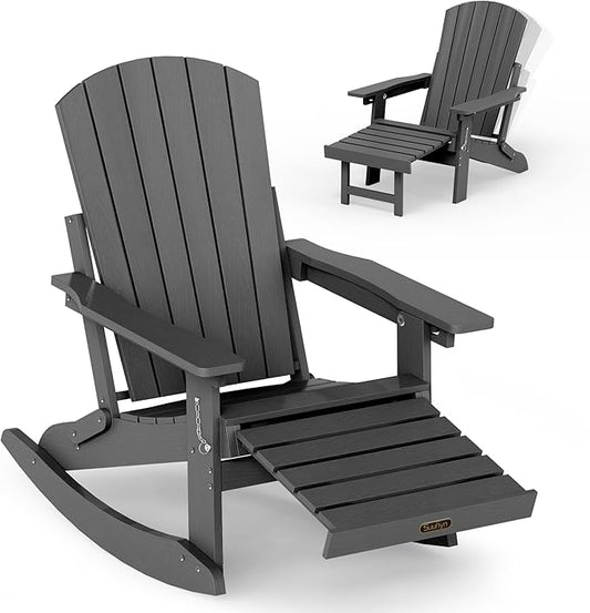 Adjustable Adirondack Rocking Chair with Retractable Ottoman Footrest, 4-in-1 Foldable HDPE Outdoor Rocker, Weather Resistant Adirondack Chair for Porch, Garden & Poolside, Grey