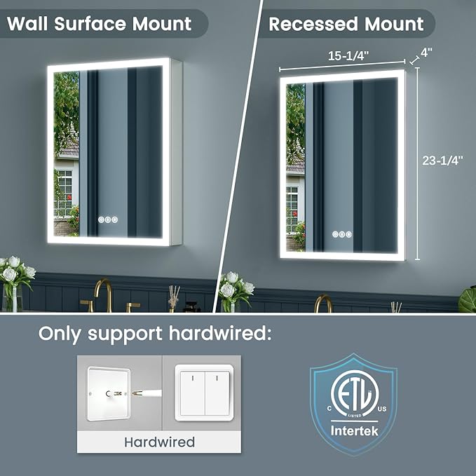 16x24 Inch Medicine Cabinet with Lights, AL Alloy Frame, Hardwired, Recessed or Wall Mount, Mirror Doors/3 Colors/Dimmable/Defog, 2 Outlets & USBs, 2 Shelves (Right Hinge)