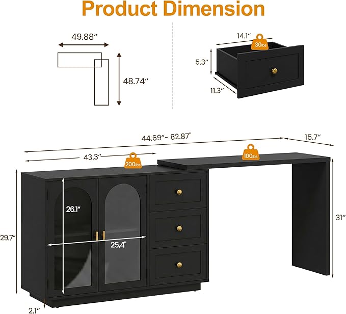 RoyalCraft 83" Makeup Vanity Desk, Black Vanity Dresser, L Shaped Corner Vanity Table with 3 Drawer & 2 Door, Modern Extendable Dressing Table for Bedroom, Dressing Room, Small Space (Without Mirror)