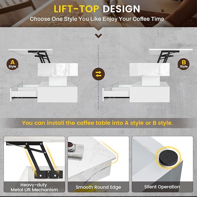 SEDETA 47.2" Lift Top Coffee Table, Coffee Tables with Storage for Living Room, 2 Drawers Coffee Table with Power Outlet & LED Light for Dining Reception Room, High Gloss White Marble