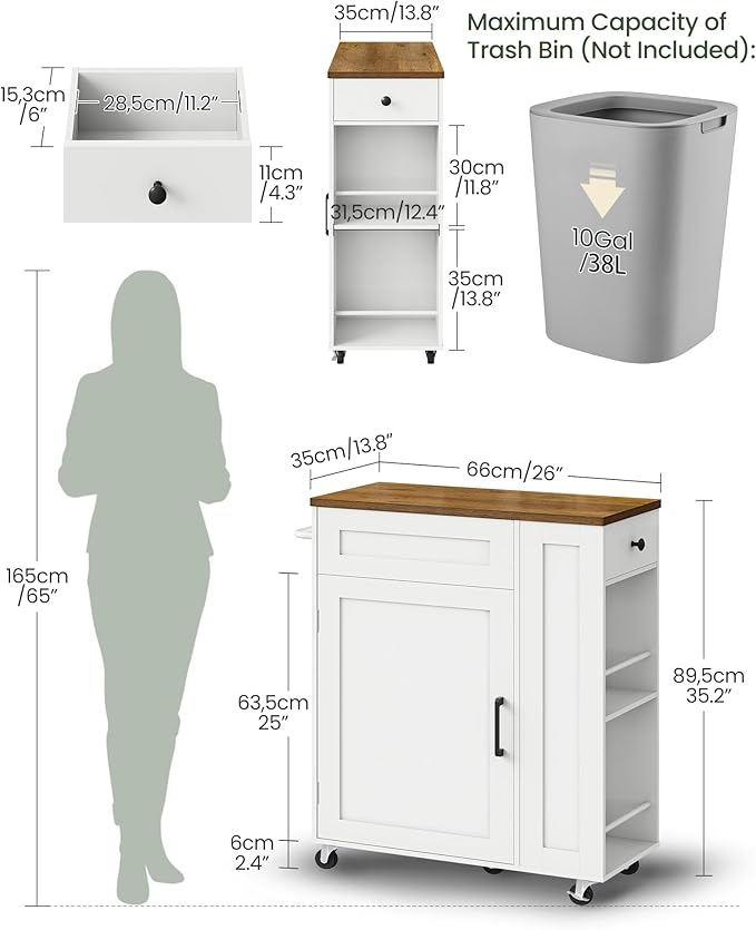 CHOEZON Kitchen Island Cart with Storage, Kitchen Cabinet, Mobile Kitchen Island, Storage Trolley for Kitchen with Hidden Trash Bin Cabinet, for Dining Room, White and Walnut MZD06WL