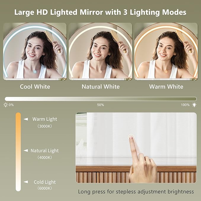 Einhomn Vanity Desk w/5x Magnifying Mirror, Fluted Makeup Vanity w/Mirror and Lights, Glass Top Vanity, Dressing Table w/Power Outlet & Drawers, Adjustable Shelves for Bedroom, Women & Girls, Brown