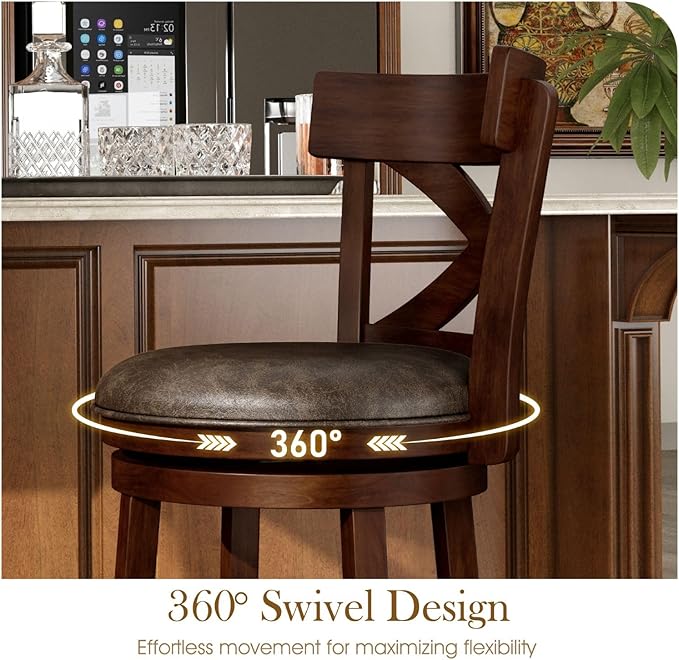 Sophia & William Swivel Bar Stools Set of 4, 30 Inch Bar Height Barstools with Cross Back & Solid Wood Legs,Faux Leather Kitchen Stools, Brown