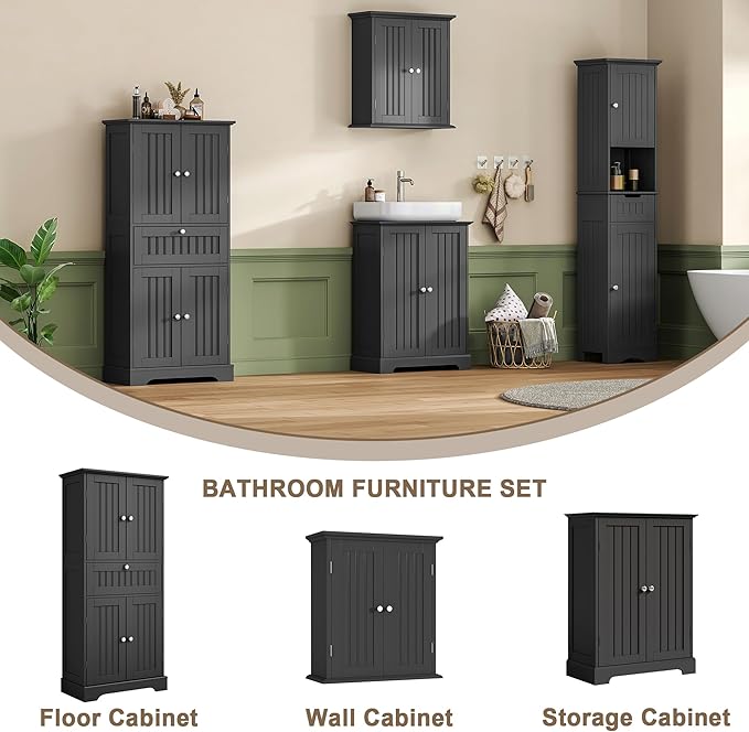 ChooChoo 51" H Tall Bathroom Floor Cabinet, Modern Bathroom Storage Cabinet with Drawer and Adjustable Shelves, Freestanding Kitchen Pantry Cupboard with 4 Doors for Living Room, Black