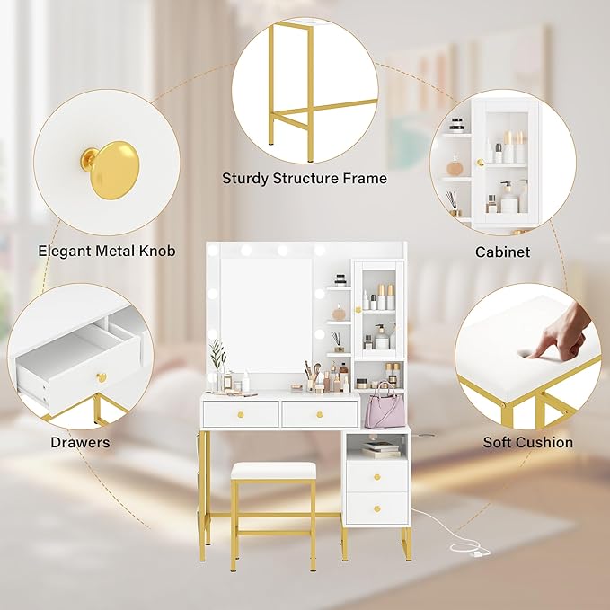 KAMABOKO Vanity Desk with Mirror, LED Lights and Power Outlet, Makeup Vanity Table with Cabinet and 4 Drawers, Dressing Table with Stools for Bedroom (White)