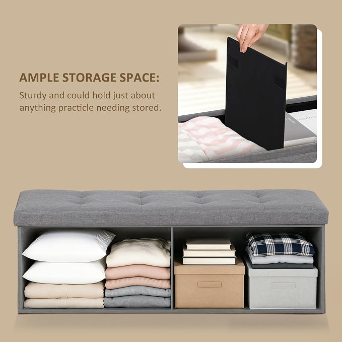 SUPER DEAL 43 Inches Folding Storage Ottoman Bench, Foot Rest with Divider Foam Padded Seat Large Storage Chest Long Box for Living Room Bedroom Entryway, 660 lbs Capacity, Light Grey