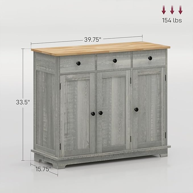 HOMCOM Sideboard Buffet Cabinet with Solid Wood Countertop, Modern Kitchen Storage Cabinet, Coffee Bar Cabinet with 3 Drawers, Doors and Adjustable Shelf, Distressed Light Gray