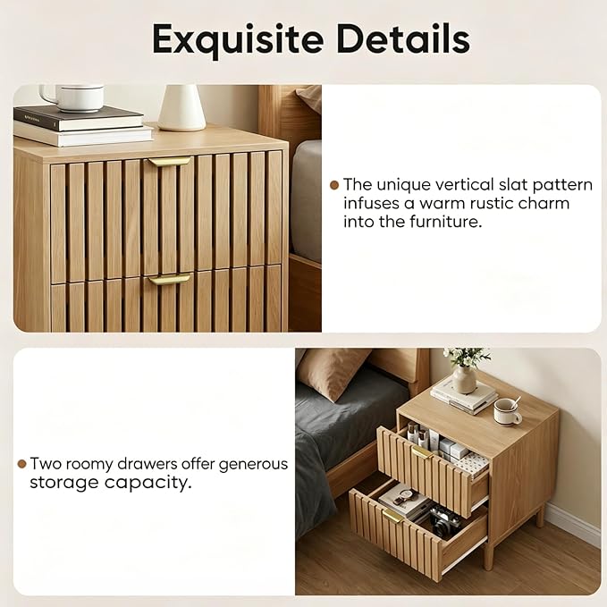 Kiasthome Mid-Century Wood Nightstand with 2 Drawers, Fluted Front Bedside Table, Functional End Table for Bedroom & Living Room (Light Oak (2-Pack))