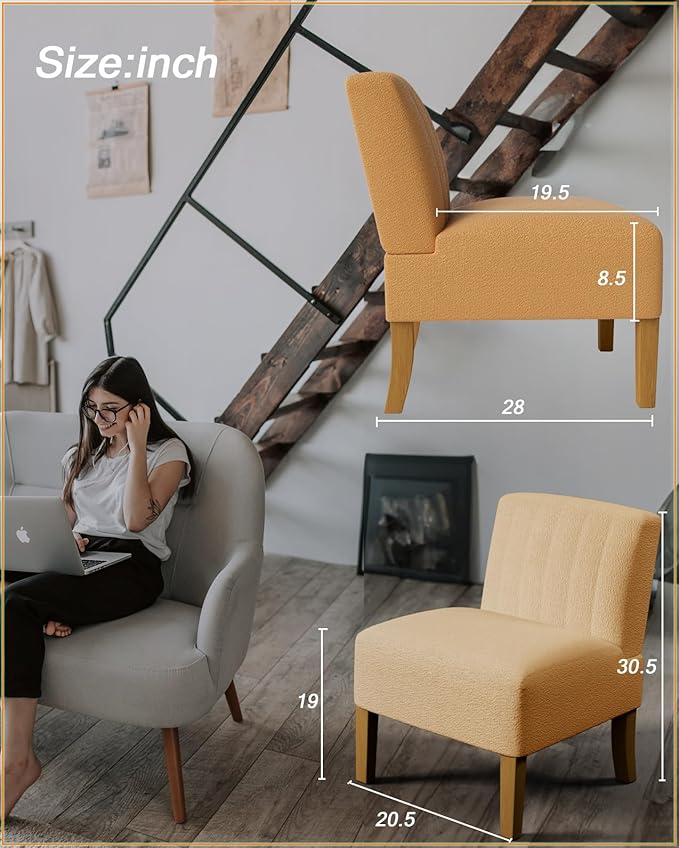 VIRRMO Armless Accent Chairs Set of 2 for Living Room, Modern Slipper Chair Living Room Chairs with Solid Wood Legs,Makeup Vanity Chair Fabric Comfy Upholstered Arm Chairs Accent Chairs,Yellow