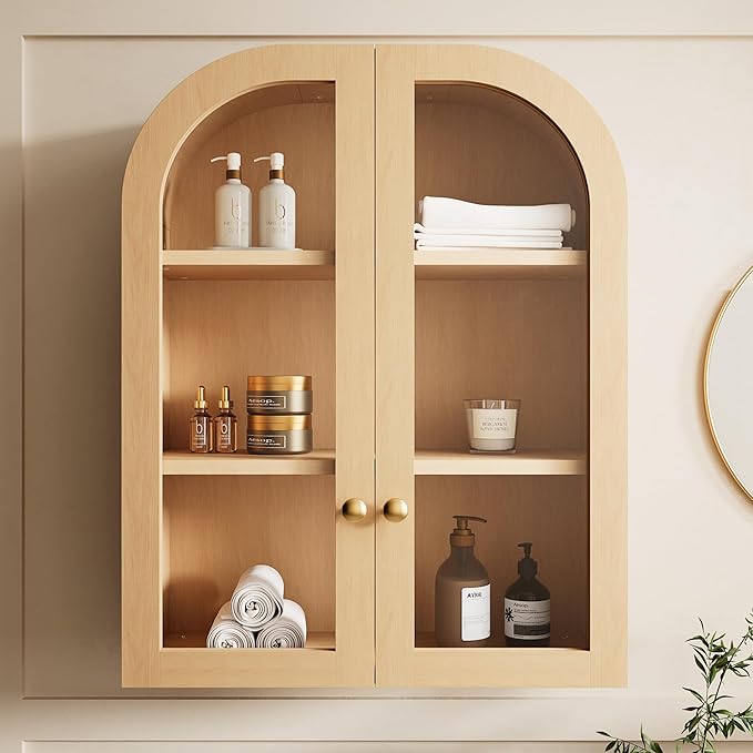 Fatmok Arched Bathroom Wall Cabinet Over The Toilet Storage Cabinet,23.6"x31.5" Wood Medicine Cabinet Wall Mounted with Glass Doors & Adjustable Shelf,Floating Wall Cabinet for Bathroom(Natural Wood)