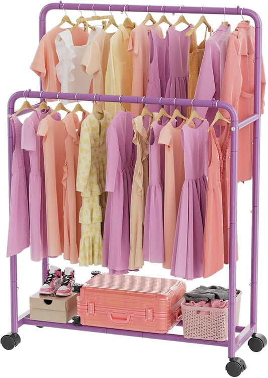 Simple Trending Clothing Clothes Rack Double Rods with Wheels, Rolling Metal Garment Rack for Hanging, Purple