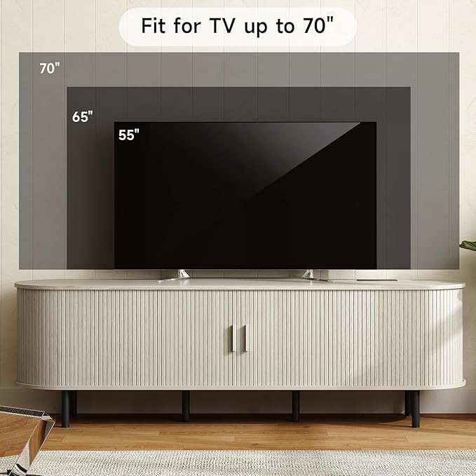 ONBRILL 70.8" TV Stand with Power Outlet for TVs up to 75 Inch, Entertainment Center with Storage and Adjustable Shelves, Modern Media Console with Sliding Doors for Living Room, Natural White