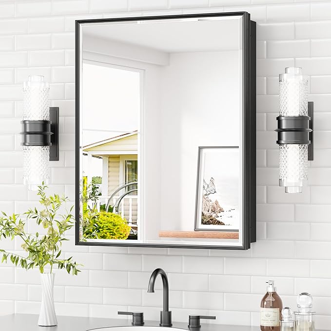 TETOTE 24" x 30" Medicine Cabinet Mirror Fully Assembled Black Bathroom Mirror with Storage Adjustable Shelves Tempered Beveled Mirror, Surface Wall-Mounted or Recessed