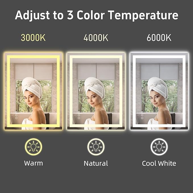 36"x 28" LED Bathroom Mirror with Lights, Anti-Fog, Dimmable, 3 Colors Front and Backlit LED Mirror for Bathroom, Lighted Bathroom Vanity Mirror for Wall Mounted Horizontal/Vertical