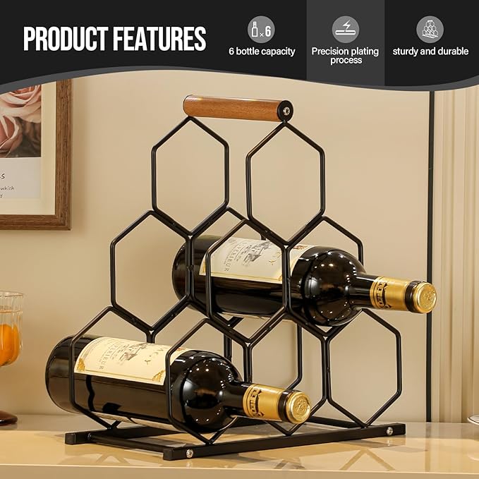 Small Black Wine Rack 6 Bottle Holder Countertop - Modern Metal Wire Wine Storage for Counter Top Table Top Coffee Bar Kitchen