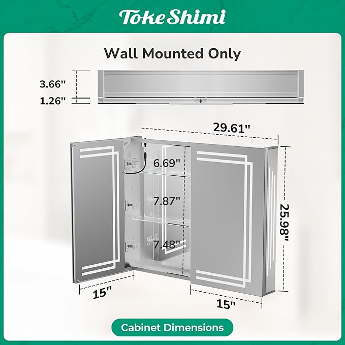 TokeShimi 30x26 Inch Lighted Medicine Cabinet, LED Medicine Cabinet with Lights, Wall-Mounted Bathroom Cabinet Mirror with 3 Color Temperature, Anti-Fog, CRI 80+, Memory Function, Tempered Glass