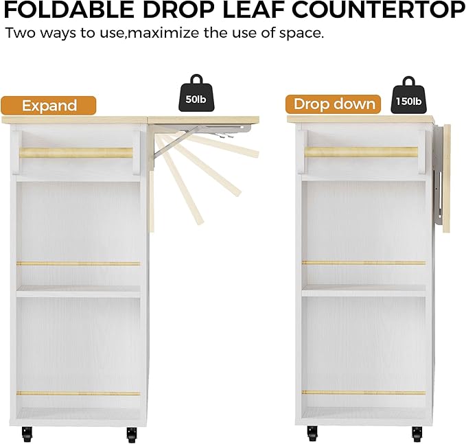IRONCK Kitchen Island with Storage, 47.2in Rolling Island on Wheels, Kitchen Cart with Drop Leaf, Drawer and Towel Rack for Home, Dining Room