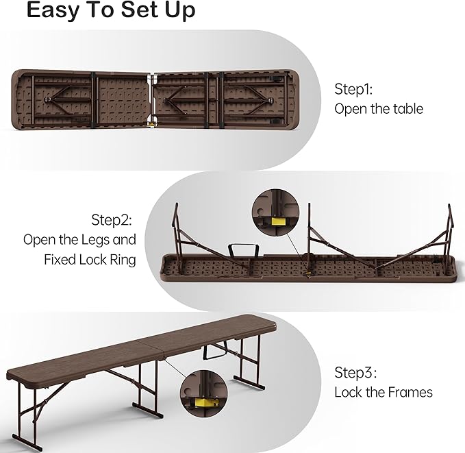 VSOAEIL 6 Foot Folding Bench, Portable Plastic Folding Bench Seat, Foldable Seat for Indoor Outdoor Picnic Camping Dining, Soccer Garden Multipurpose Entertaining Activities, Brown, 2 Pack