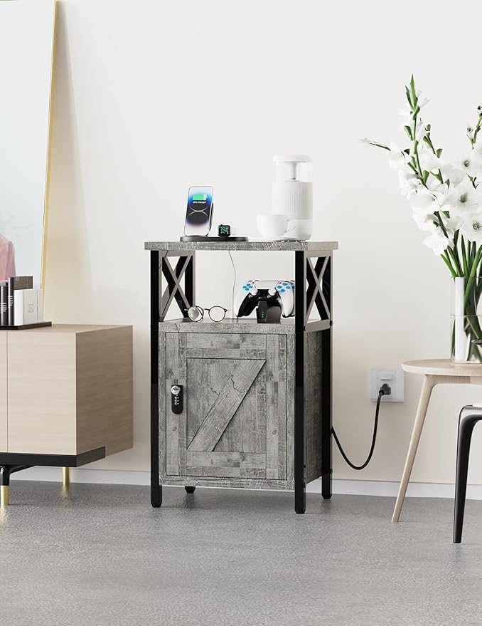 runjuly Wooden Nightstand with Lock, Bed Side Table with Drawers, Bedside Table with Charging Station, 3 USB & 2 Outlets, Night Stand with Cabinet Storage, End Tables for Bedroom, Ash Grey