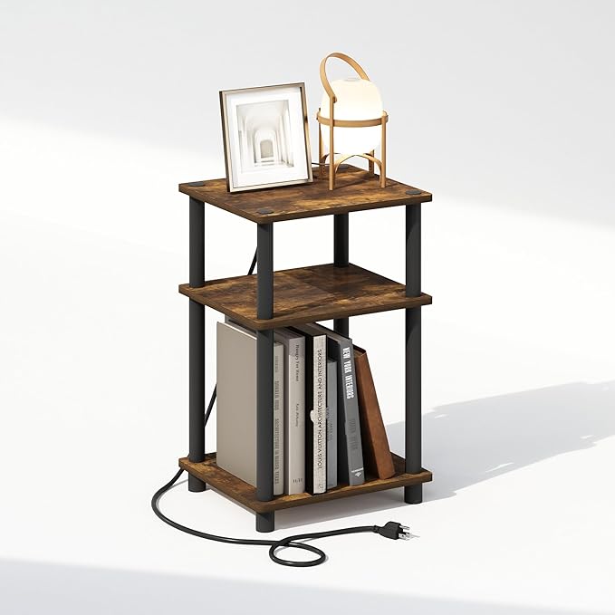 Furinno JUST Night Stand, 3-Tier Turn-N-Tube Nightstand with Charging Station, Bedside Table, End Table, Side Table with USB and Type-C Port, for Bedroom, Closet, Dorm, Amber Pine
