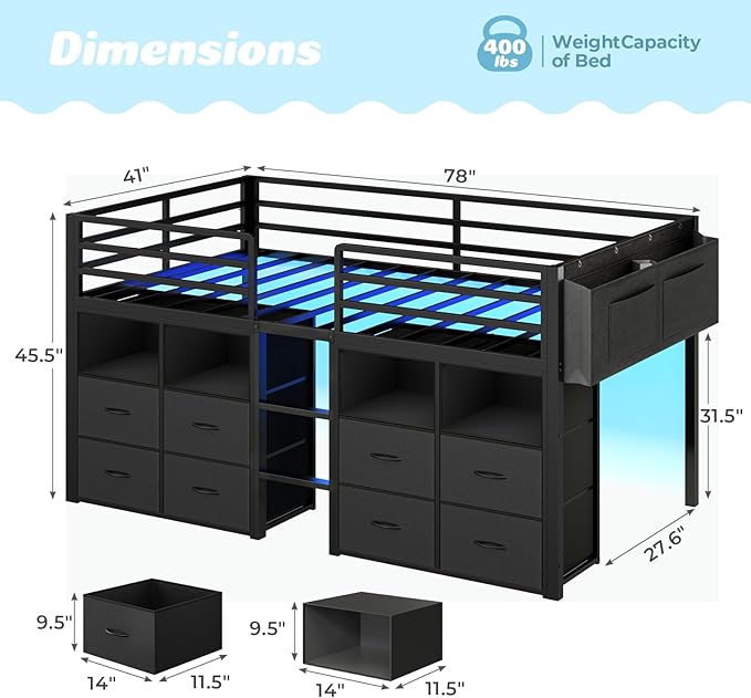 ADORNEVE Low Loft Bed Twin Size with 8 Storage Drawers, Twin Loft Bed with Bookcase and LED Lights, Metal Kids Loft Bed with 14" H Safety Guardrail, Under-Bed Play Space, No Box Spring Needed, Black