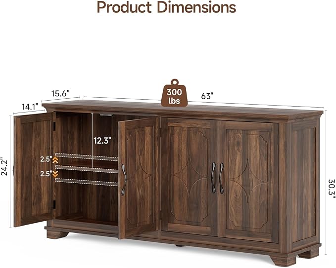 ONBRILL 63 Inch Buffet Cabinet with Storage, Large Sideboard Cabinet with 4 Carved Doors, Modern Credenza Storage Cabinets w/Adjustable Shelves for Kitchen, Living Room, Brown