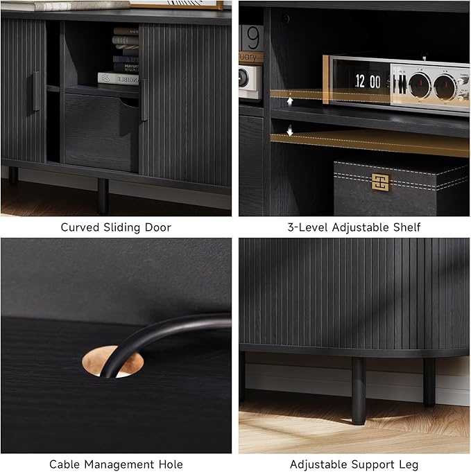 ONBRILL 69" TV Stand with Power Outlet for TVs up to 80", Entertainment Center with Storage and Drawer, TV Console with Adjustable Shelves and Sliding Door, TV Stand for Living Room, Bedroom, Black