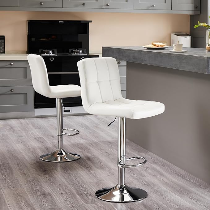 Sweetcrispy Bar Stools Set of 4, Armless PU Leather Adjustable Swivel Barstools, Hydraulic Kitchen Counter Height Thickened Seat Cushion Square Island Countertop Chairs with Back - Modern White