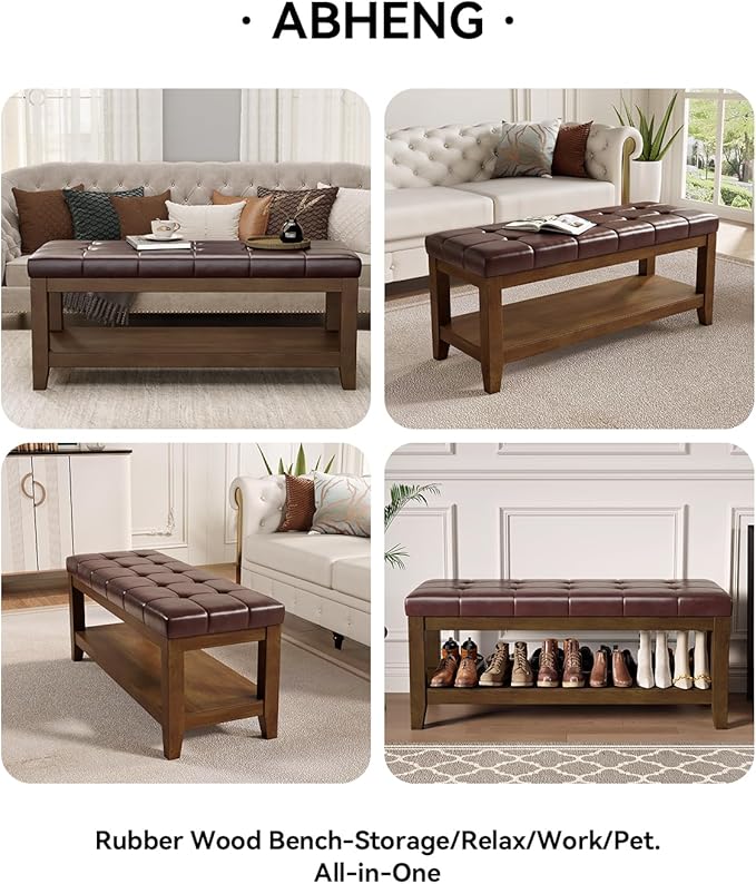ABHENG Solid Rubber Wood Shoe Bench, Easy-Clean PU Upholstered Seat, 770LB Load, Space-Saving Storage for Entryway/Living Room, Easy Assembly, Vintage Style, 43.3"x15.7"x17.7", Brown, UASND65R