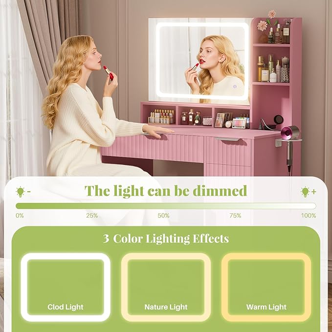 Cyclysio Fluted Vanity Desk with Mirror and Lights, Wood Makeup Vanity Desk with Power Strips, Modern Dressing Table with Drawers & Cabinet for Bedroom, Pink