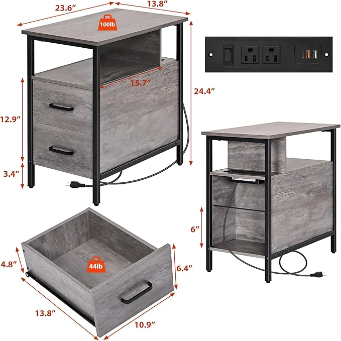 Livofloral Side Table, Gray End Tables with Charging Station, Narrow End Table with Wooden Drawers, USB Ports and Power Outlets, Nightstand and Bedside Table, Side Table Living Room, Bedroom
