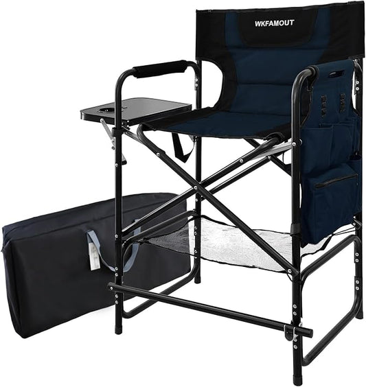 Tall Folding Directors Chair with Side Table 26.77" Seat Height Foldable Camping Chair Bar Stool for Makeup Artist Face Painting with Footrest and Storage Pocket Supports 350LBS